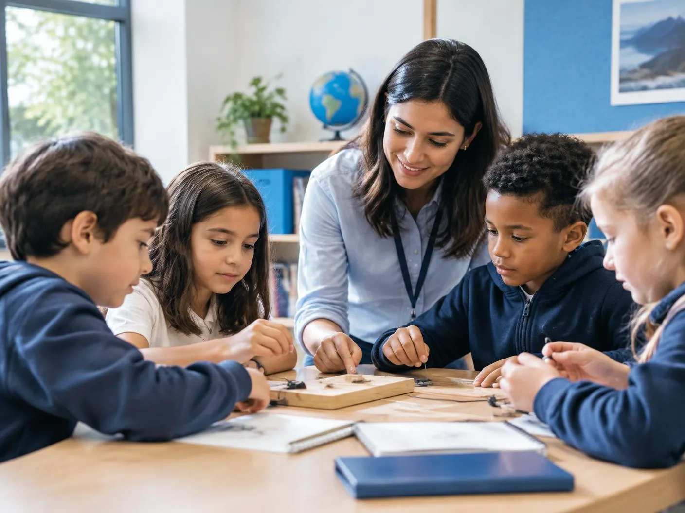 Crianças e professora em atividade escolar